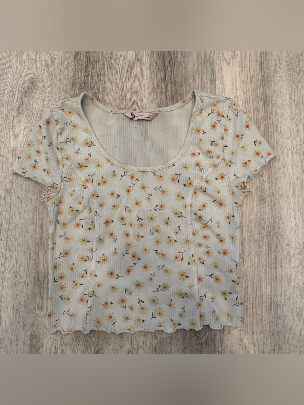 SO Floral Ribbed Baby Tee Crop Top Size M Cottagecore Y2K